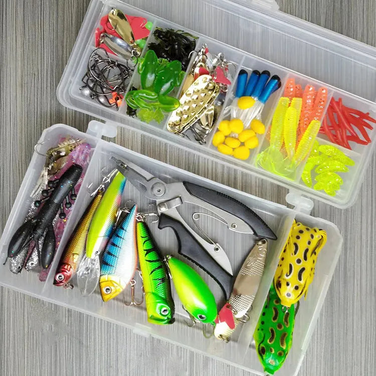 Fishing lure kit with 142 pieces showing hard minnow baits with sequins, soft plastic lures, and fishing pliers
