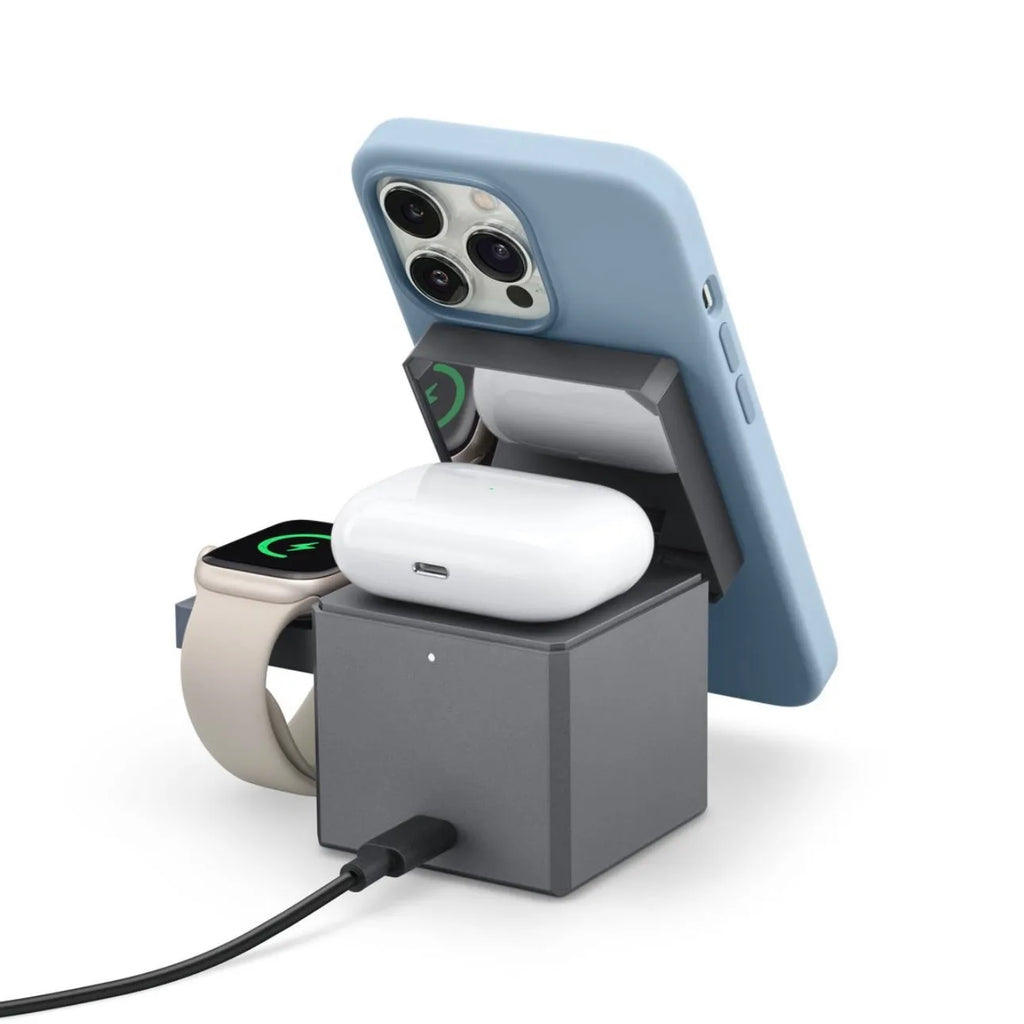 Foldable magnetic suction 3-in-1 wireless charger for iPhone, Apple Watch, and AirPods with LED indicator