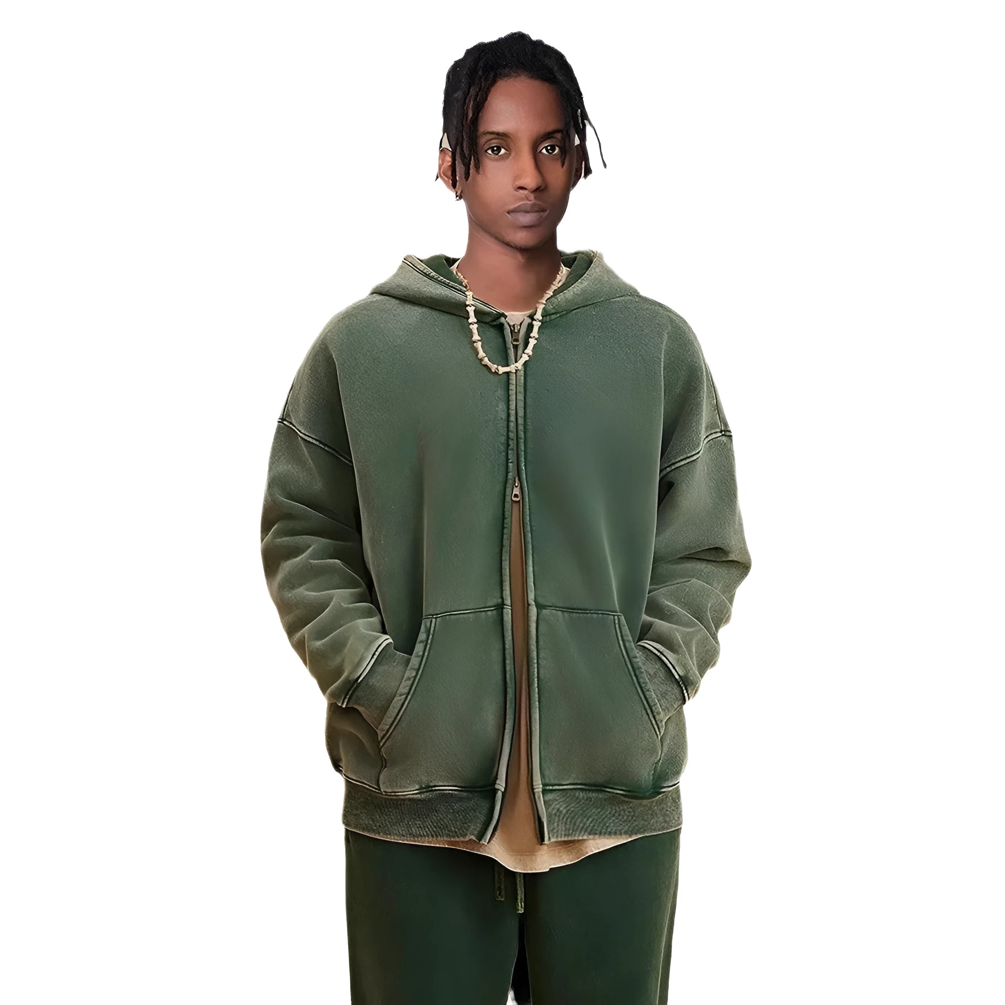 Men's washed cotton hooded cardigan with fleece lining and double zipper in vintage style