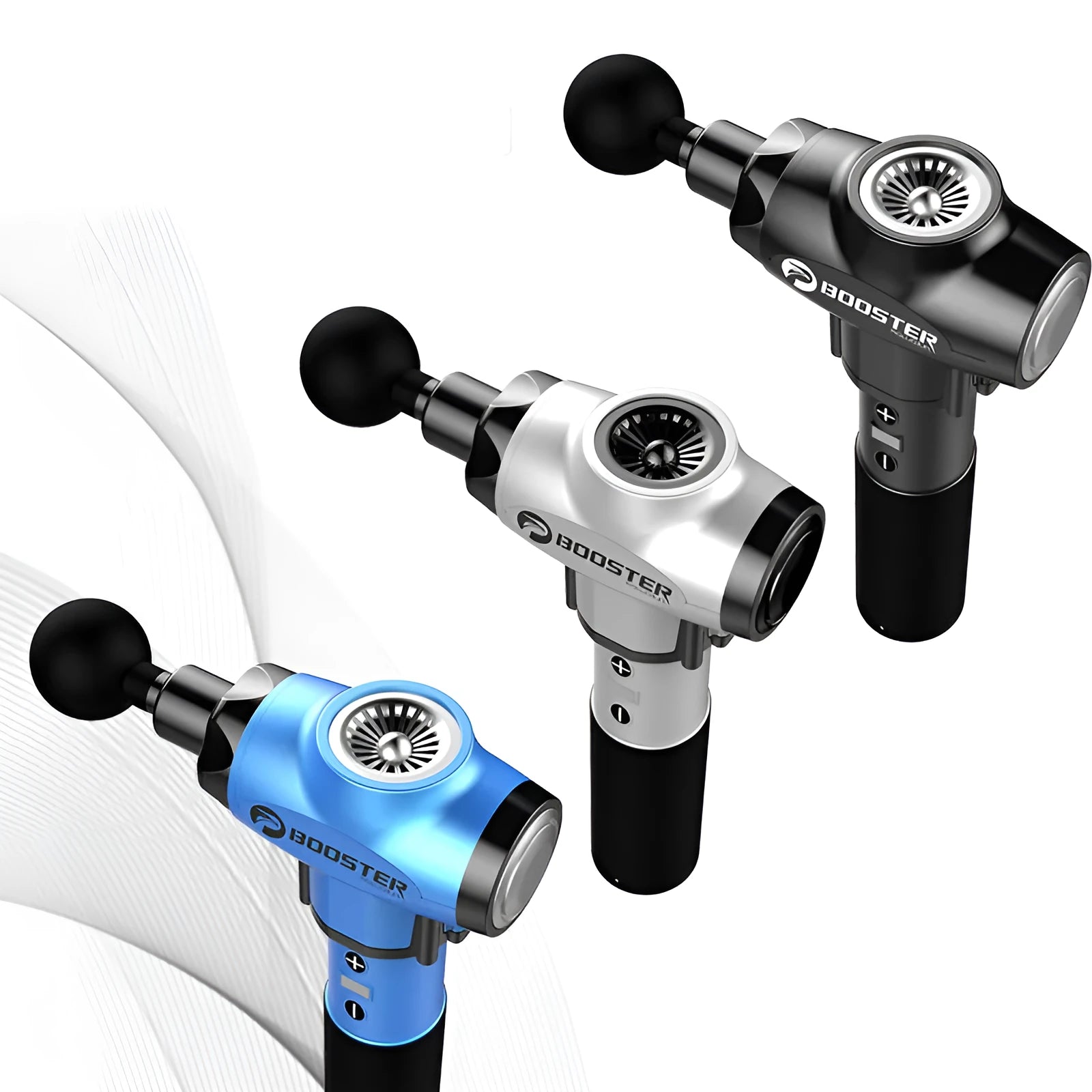 Muscle relaxation massager in black or white with adjustable speed control and lithium battery