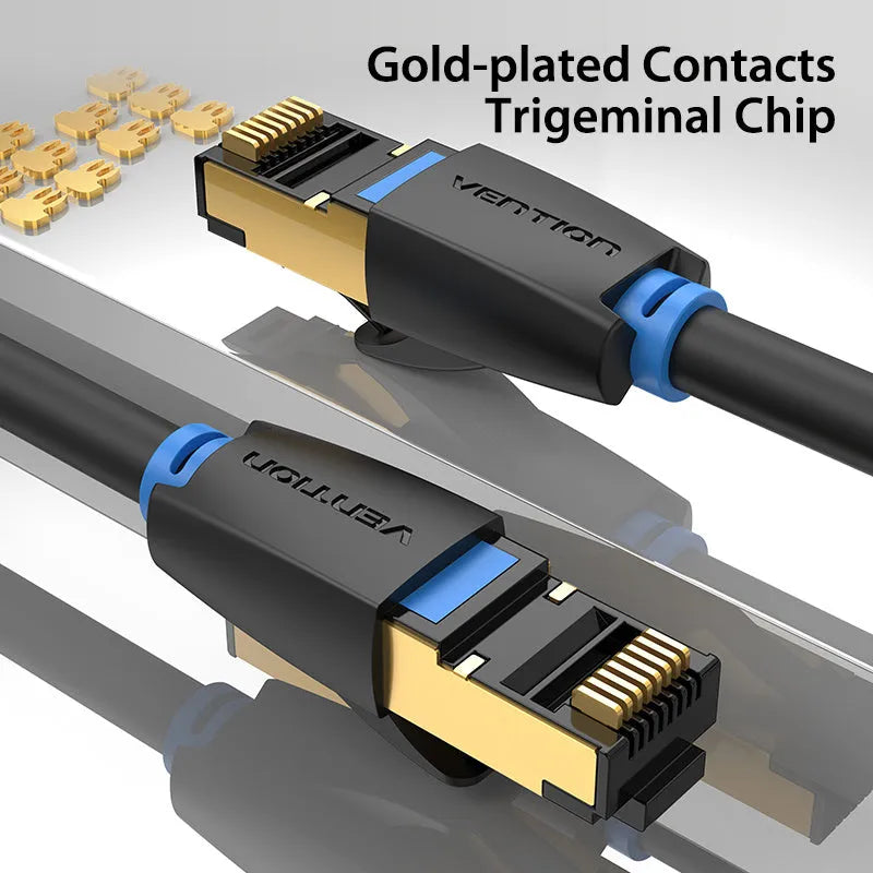 CAT8 Ethernet patch cable with RJ45 connectors, shown in flat and round styles in various lengths.