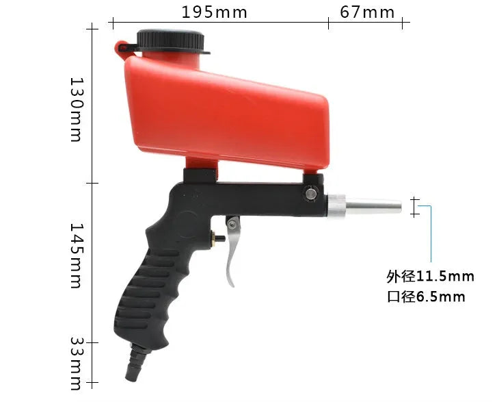 Portable gravity feed pneumatic sandblasting gun with black or blue colour options