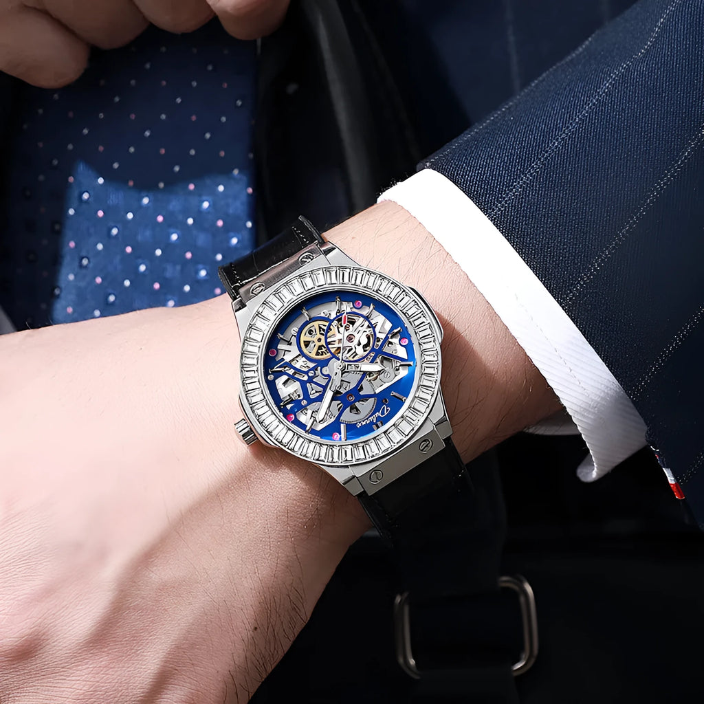 Men's automatic mechanical watch with hollow movement and diamond-studded dial on wrist