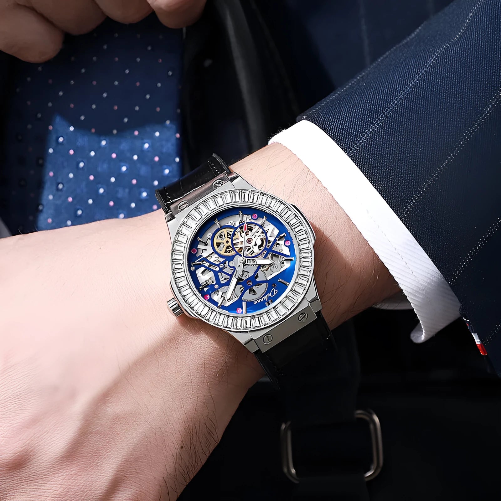 Men's automatic mechanical watch with hollow movement and diamond-studded dial on wrist
