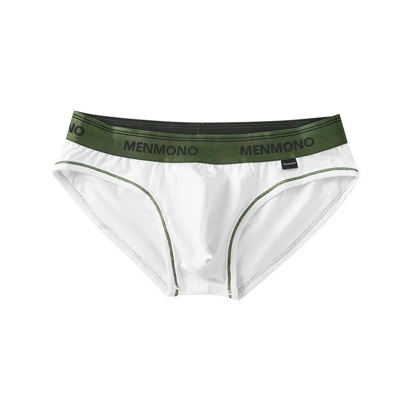 Men's low waist cotton briefs in a selection of solid colours including black and blue, white and red.