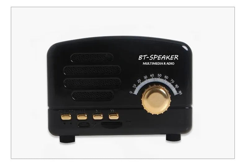 Vintage wood grain Bluetooth speaker with compact dimensions on wooden surface
