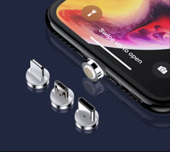 Black magnetic data cable with LED light and interchangeable iPhone, Android, and Type-C heads.