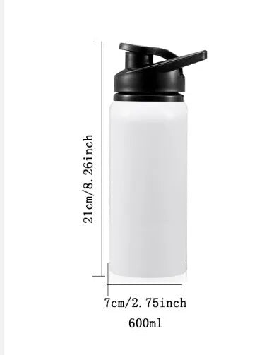 White aluminium sports water bottle for cycling and outdoor activities showing 600ml and 750ml capacity options