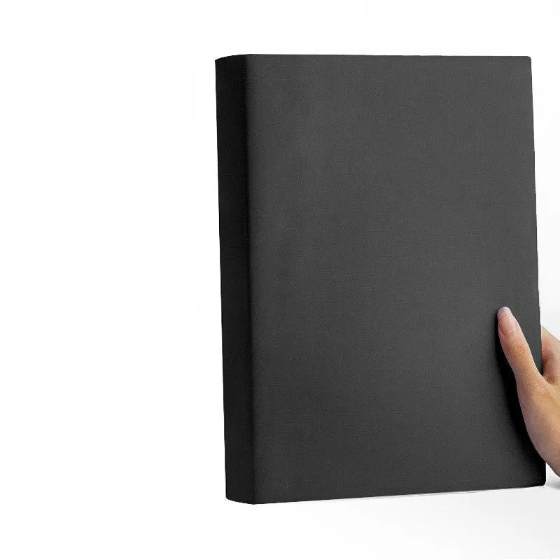 Thickened A4 soft leather notebook with imitation leather cover open to lined pages, showing ivory white paper and choice of multiple colours