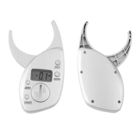 Digital body fat caliper with LCD display and anti-slip handle on white background