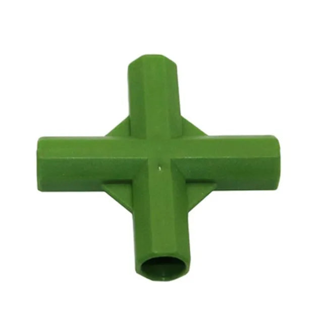 Two white PP plastic plant support connectors for 11mm garden stakes, showing three-way and four-way joint designs.