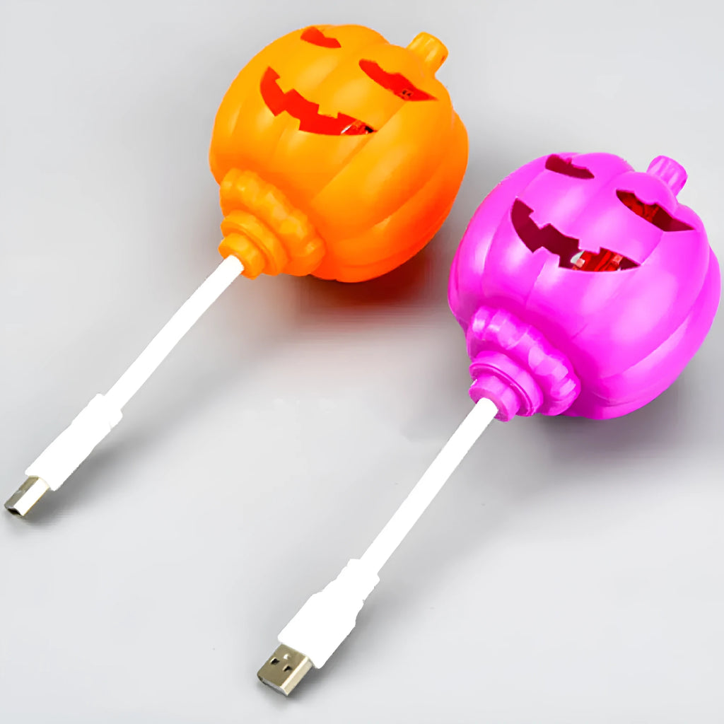 Purple and yellow light USB rechargeable plastic pumpkin lamp for Halloween decoration.