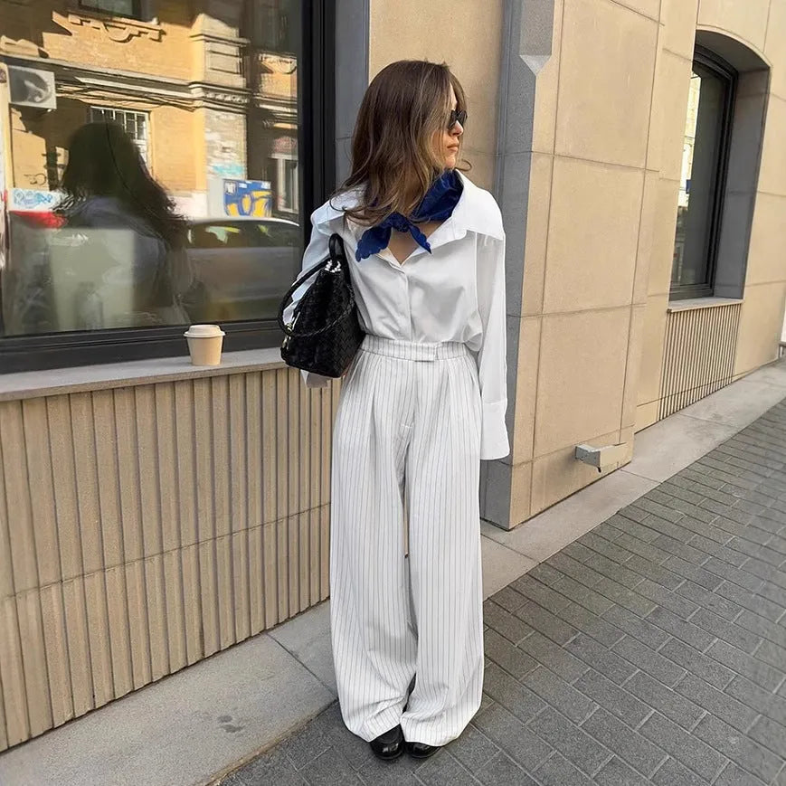 White striped wide-leg commuting trousers with front zipper detail and loose fit