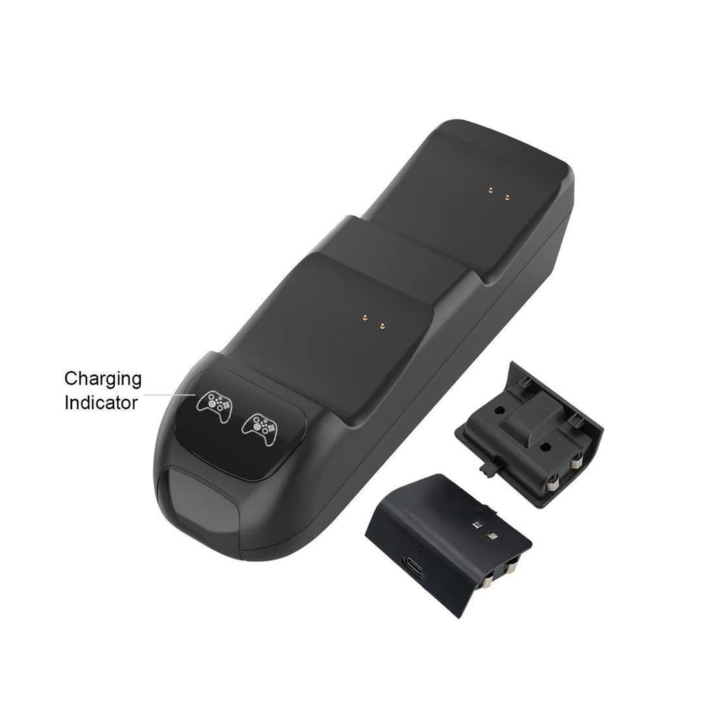 Black wireless charging station for two Xbox Series X controllers with LED lights, showing included rechargeable battery packs.