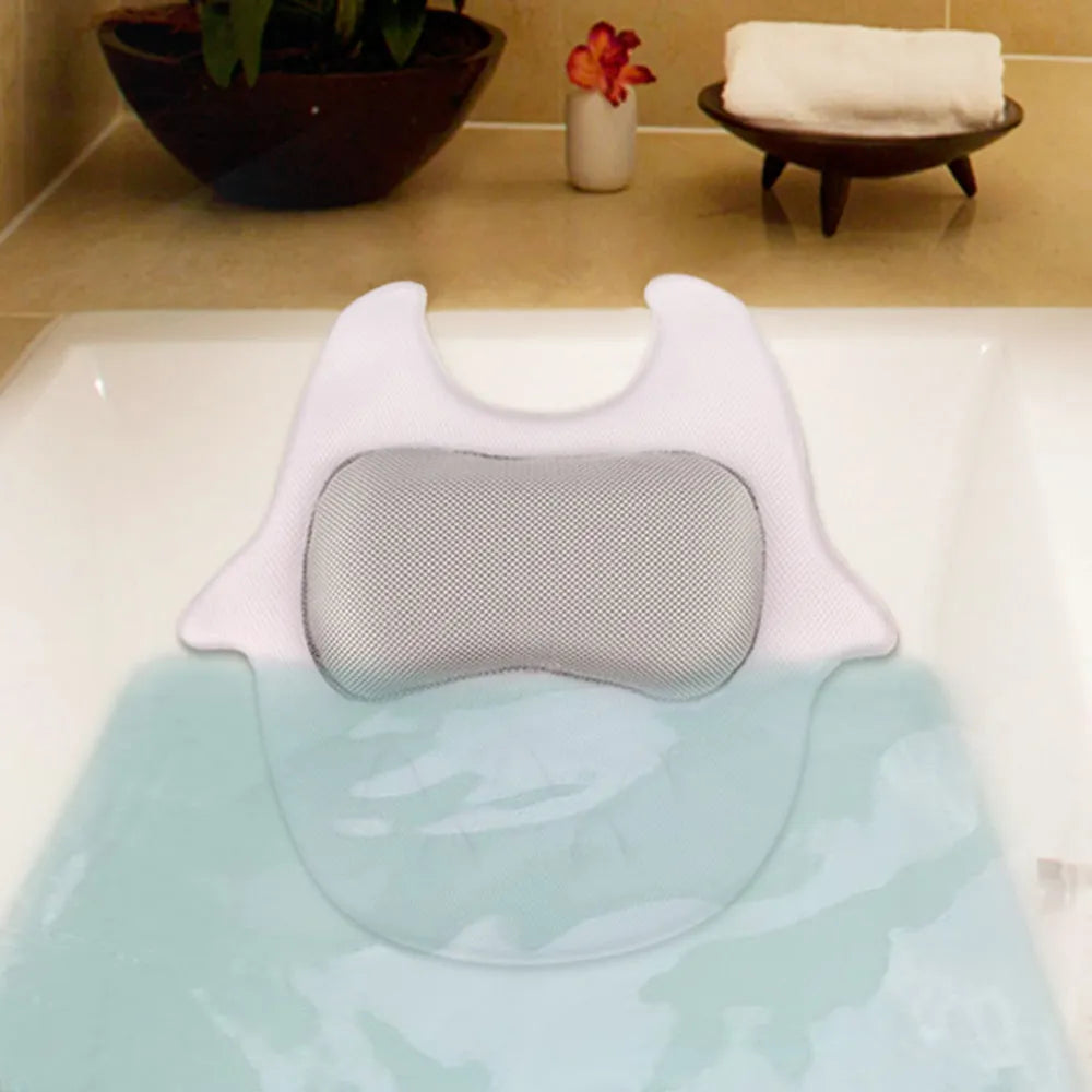 White ergonomic bathtub pillow with 5D mesh fabric and 55mm suction cups, 45cm square