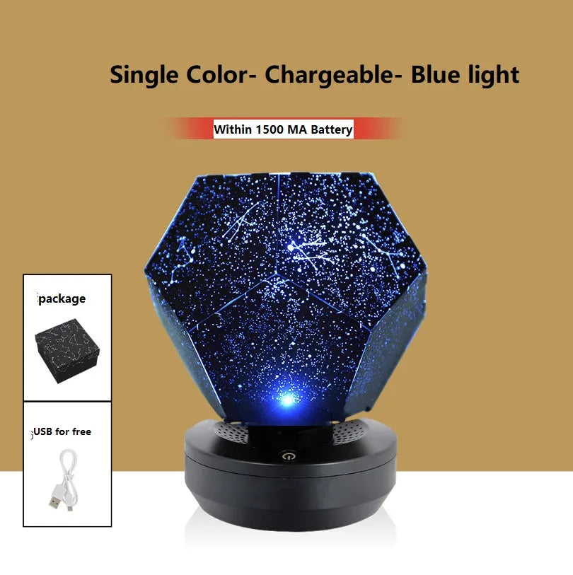 LED starry sky projector night light showing constellation projection on a bedroom ceiling.
