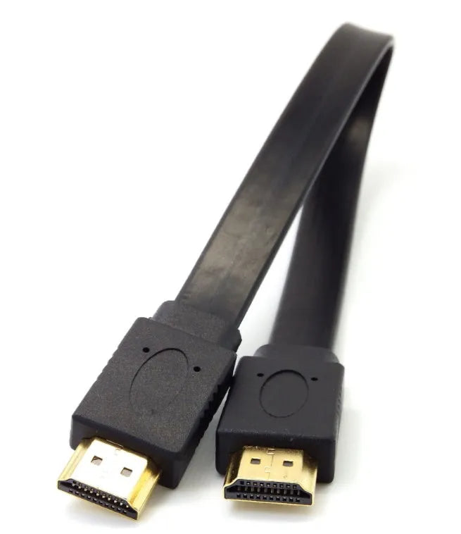 Flat high-speed HDMI cable with standard connectors on a white background.