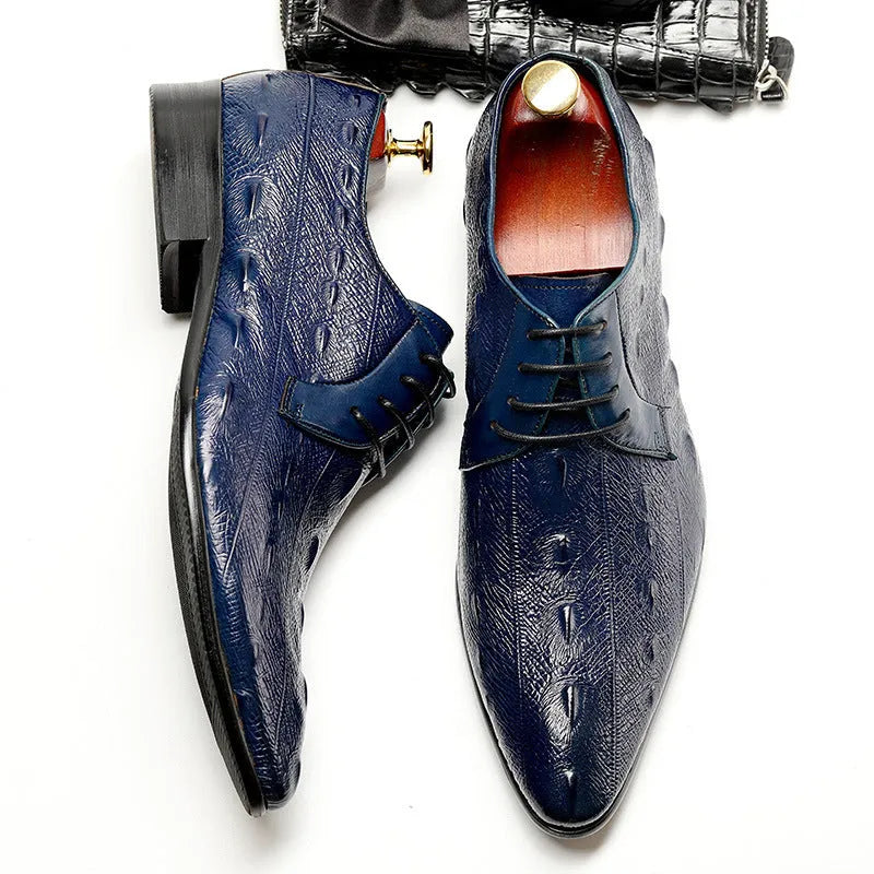 First layer cowhide plus size men leather tooling shoes pointed toe low square heel black