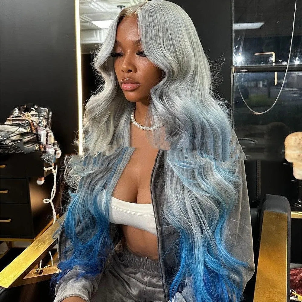Grey blue gradient human hair headgear with lace frontal on display stand