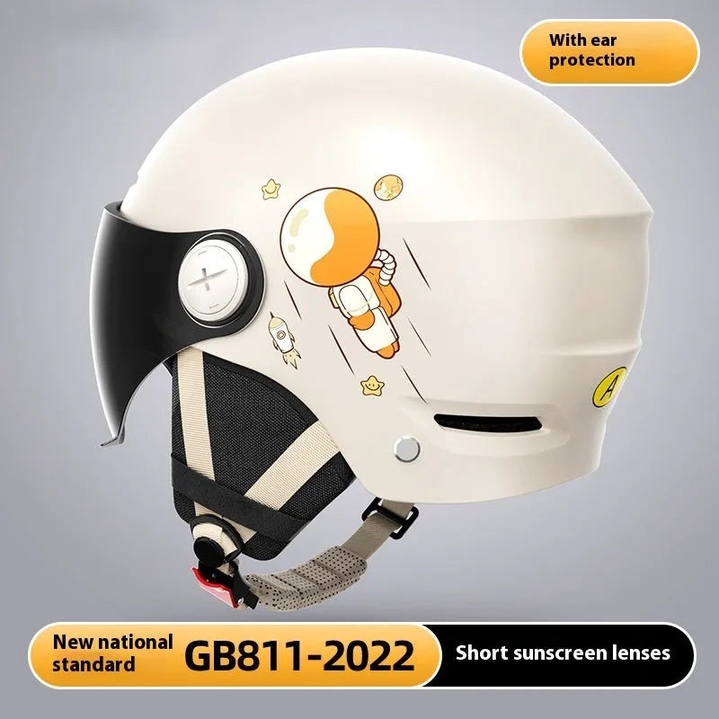 Khaki electric motorcycle helmet with removable lenses on ABS shell for adult commuting safety