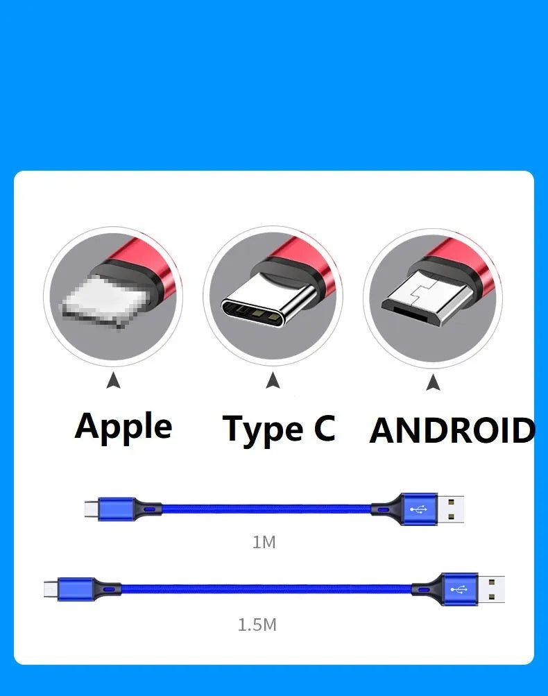 2 metre USB charging cable for Apple Android and TYPE-C phones in multiple colour options