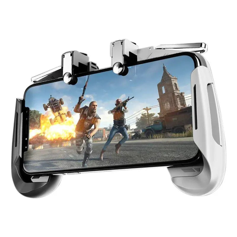Collapsible mobile gaming controller handle for smartphones in black, blue, and white colours.