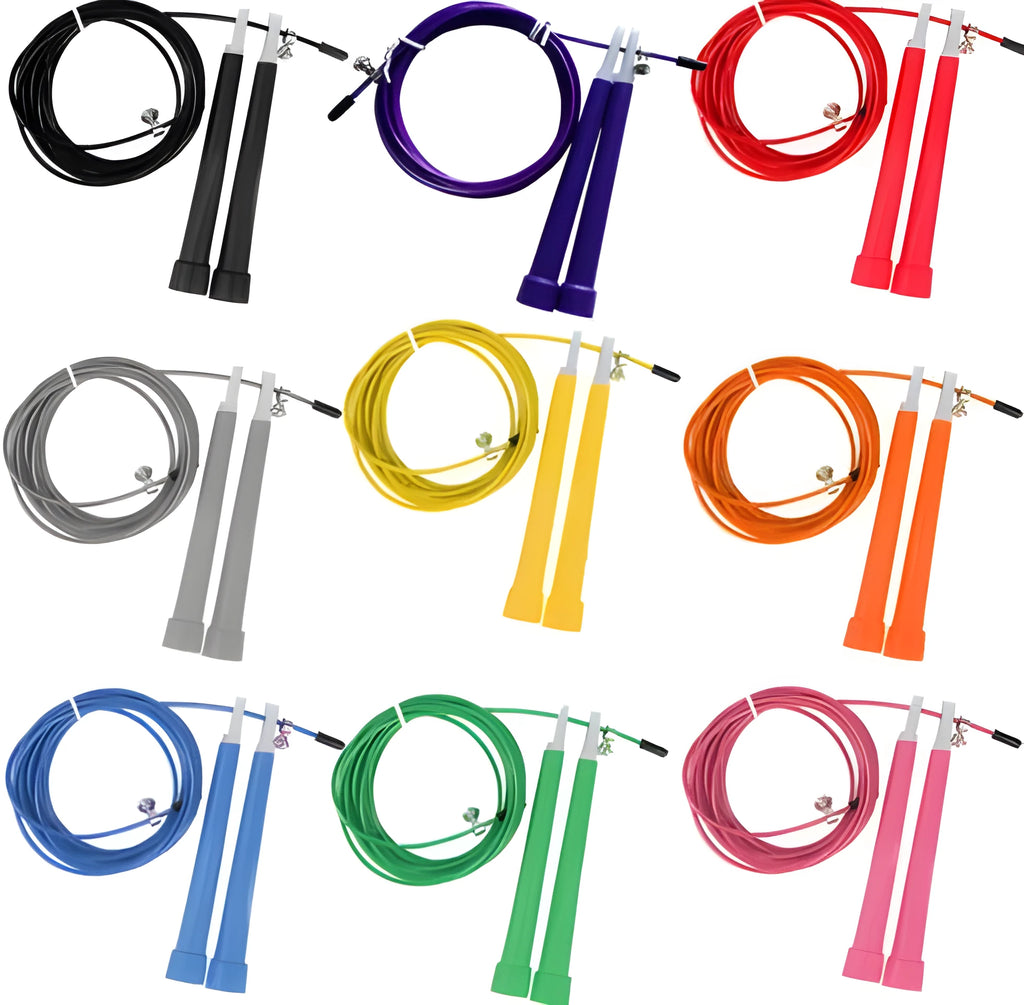 High speed steel wire fitness rope with 3m length, PVC coating, and PP handles on a smooth indoor floor