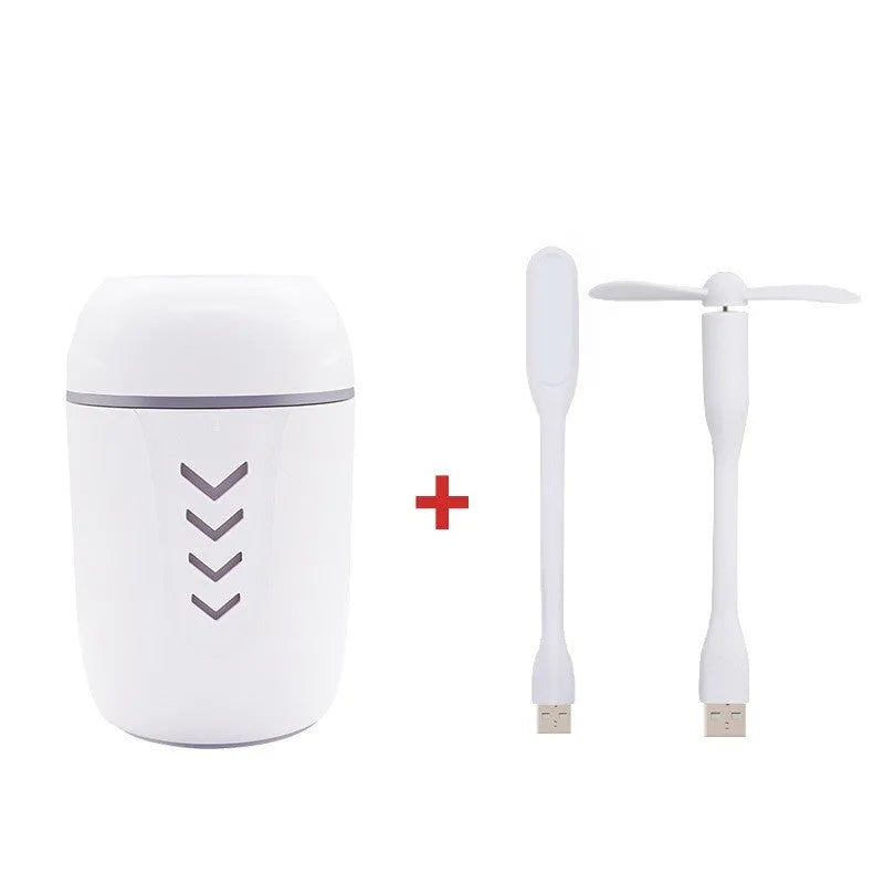 X3 portable car humidifier with columnar shape in blue, showing USB cable and 200ml water tank capacity.