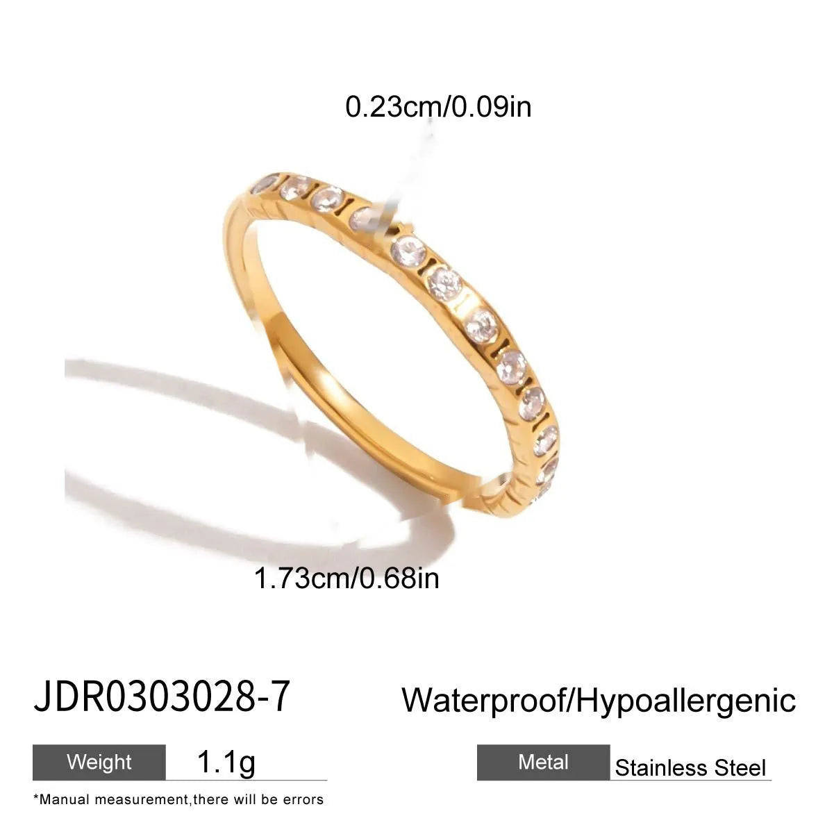 Geometric stainless steel zircon ring with no-fade finish on a hand.