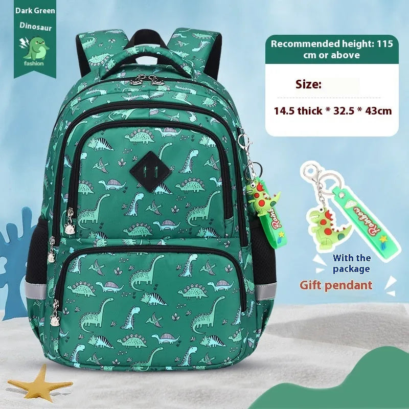 Blue dinosaur print waterproof Oxford cloth children's school backpack with curved shoulder straps.