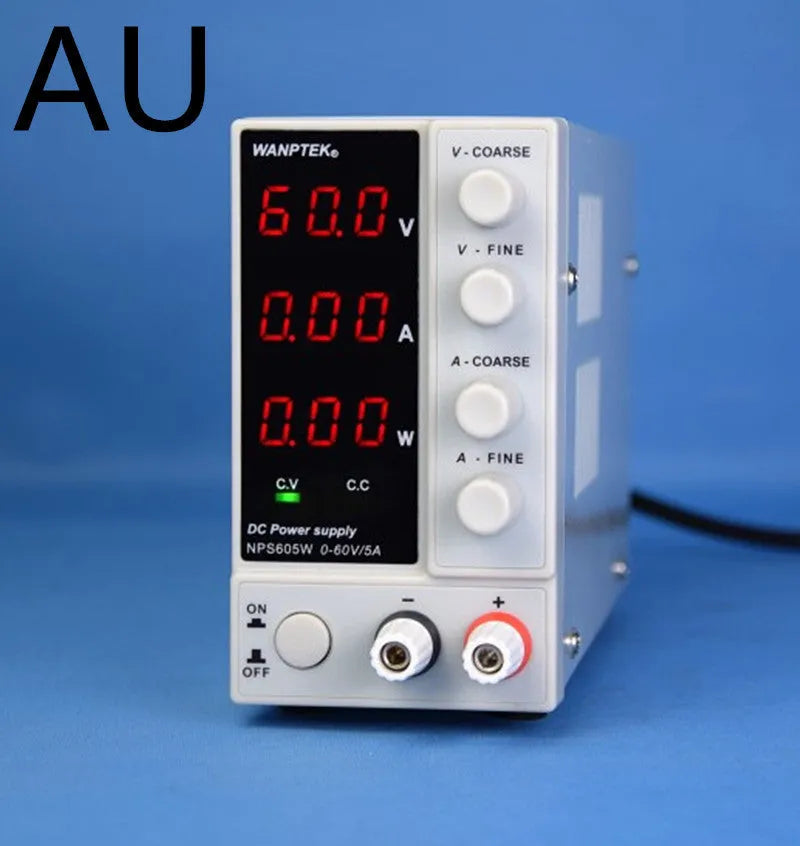 White NPS605W adjustable bench power supply with digital display for electronics testing and repair.