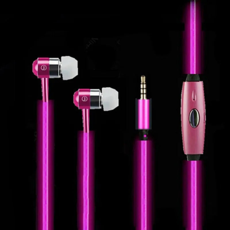 Blue wired earphones with glowing LED light lines on earpieces, showing 3.5mm plug and inline remote.