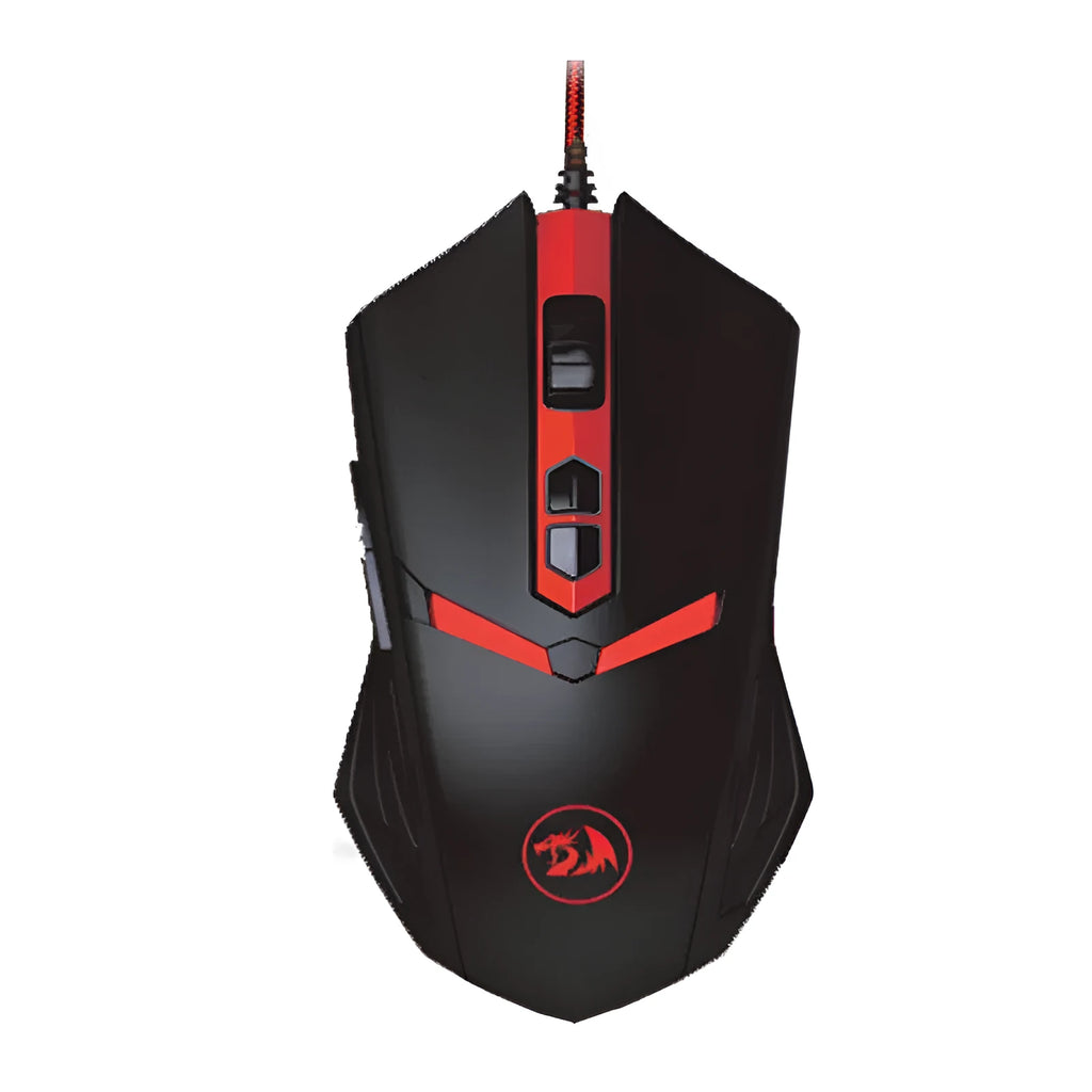 Black and red USB wired optical gaming mouse with six buttons and ergonomic design