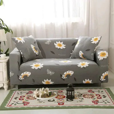 Geometric print polyester sofa slipcover stretched over sofa with matching pillowcase