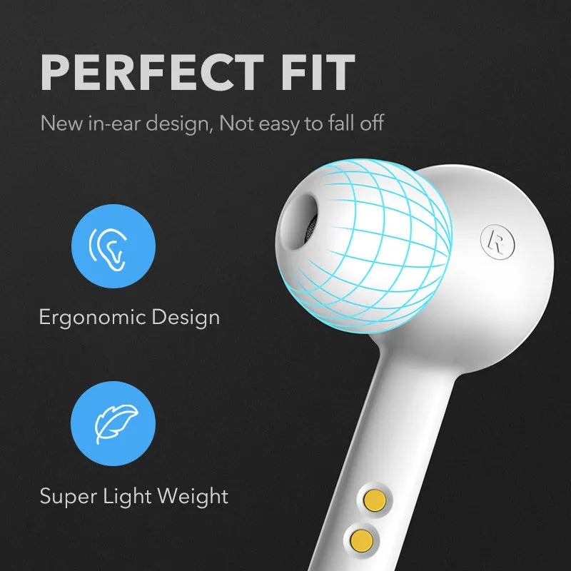 Black and white true wireless stereo earbuds with in-ear design and Bluetooth 5.0.
