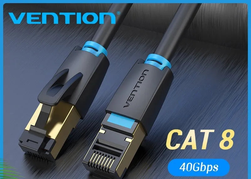 CAT8 Ethernet patch cable with RJ45 connectors, shown in flat and round styles in various lengths.