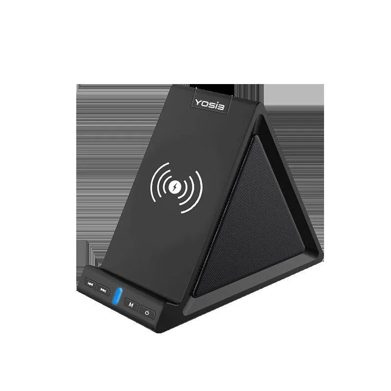 Black multifunctional Bluetooth speaker with integrated phone holder and wireless charging pad showing front and side views.