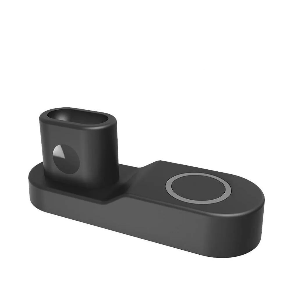 Black W3 model 3-in-1 wireless charging station for Apple Watch, phone and AirPods on a desk
