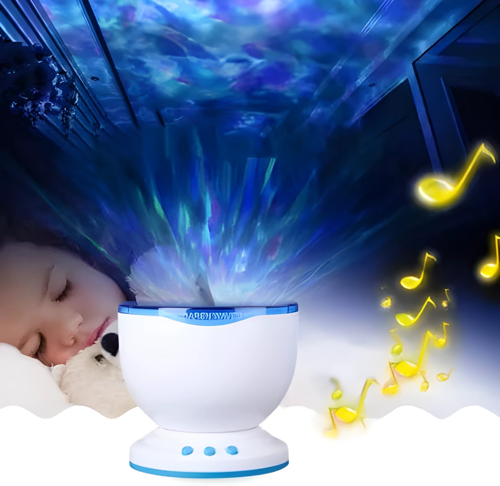 Blue ocean and starry sky LED projection lamp on a surface