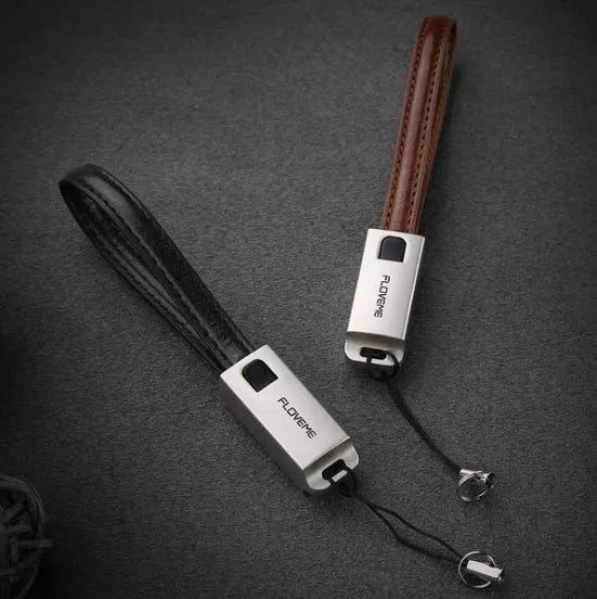 20cm leather iPhone charging cable with zinc alloy connectors in black, brown, or red