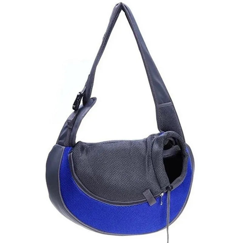 Blue pet carrier backpack for small dogs or cats with mesh window and adjustable straps