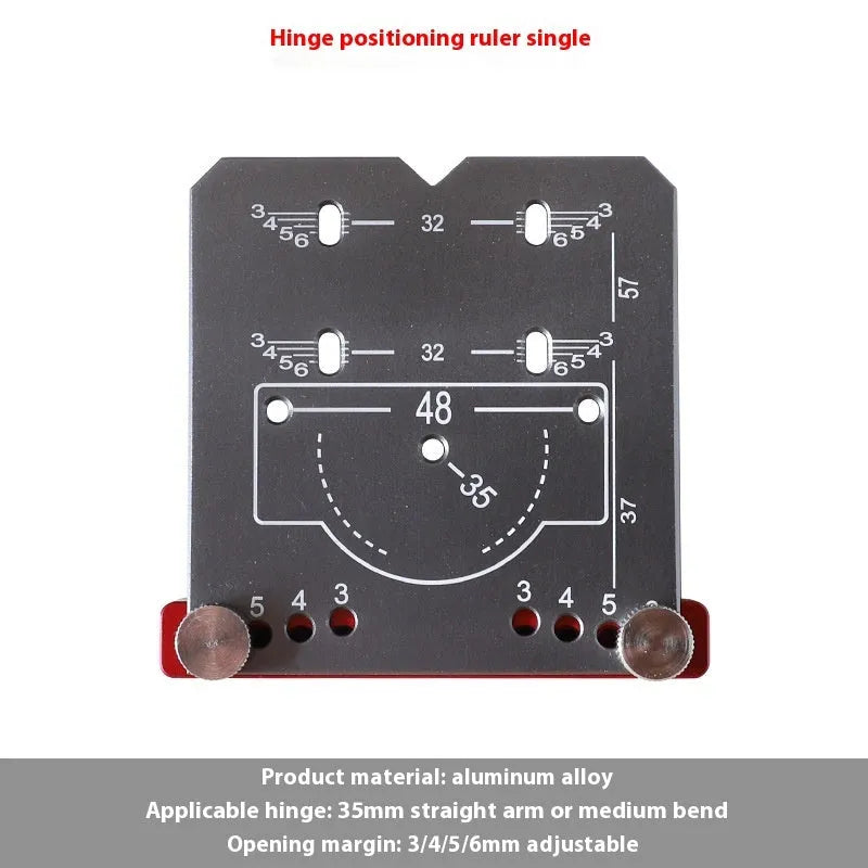 Red aluminium alloy hinge locating rule with adjustable margin settings for 35mm cabinet hinges.