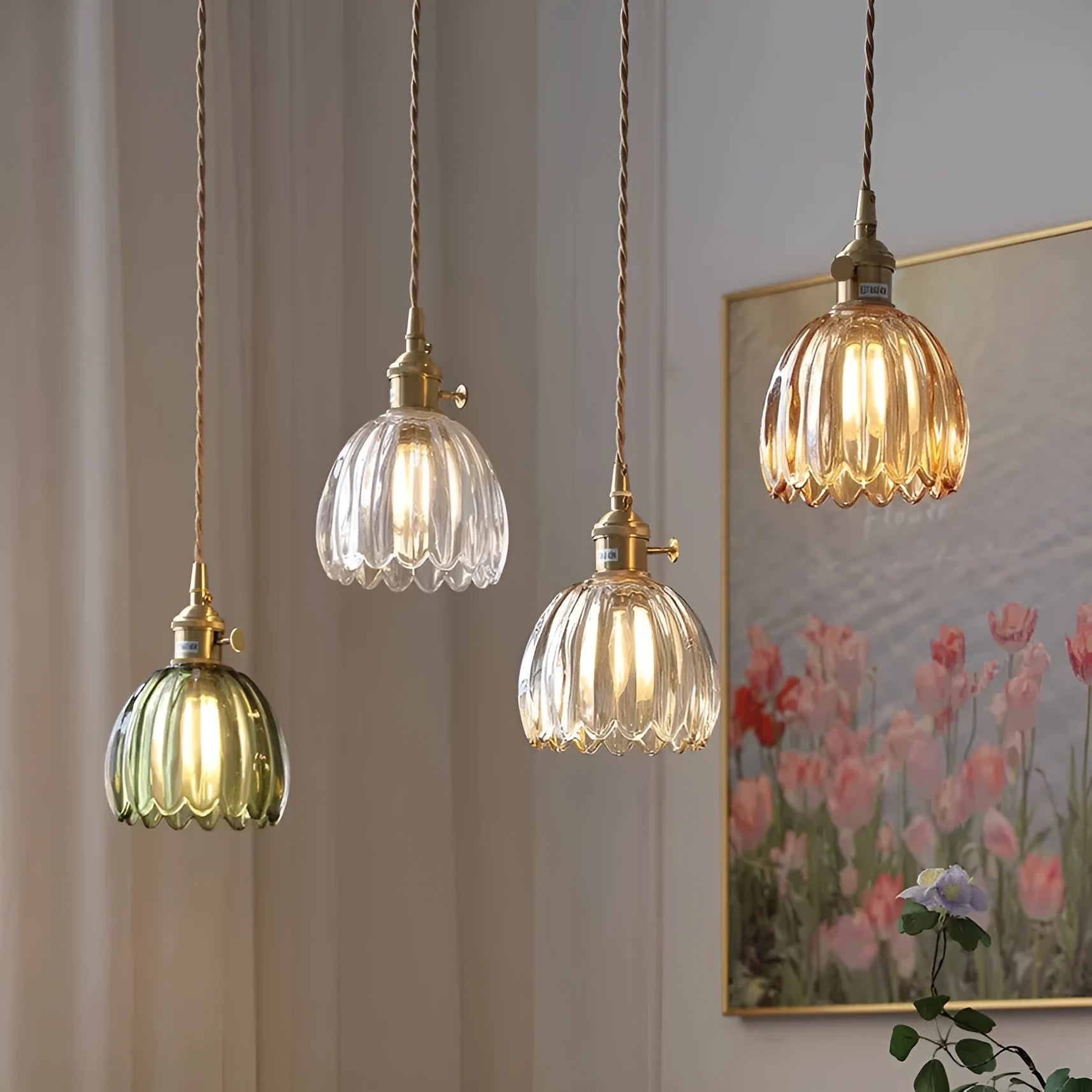 Vintage glass flower chandelier with Nordic design in amber, white, green, transparent or smoky grey colours