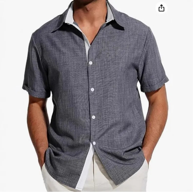 Men's short-sleeved floral print shirt in light business style on a hanger