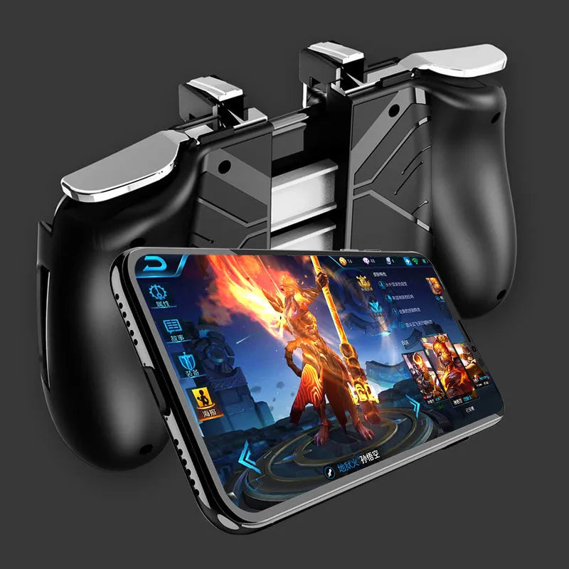 Collapsible mobile gaming controller handle for smartphones in black, blue, and white colours.