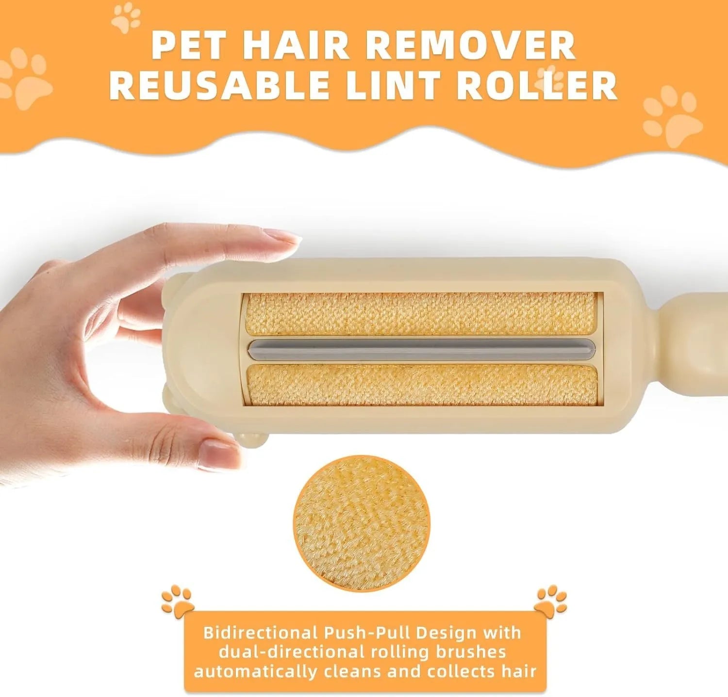 Reusable pet hair remover roller with self-cleaning base in blue, pink, or yellow colours.