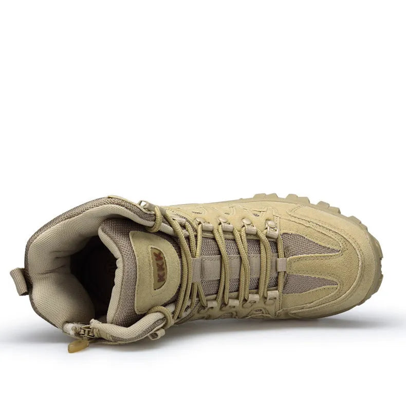 Men's black tactical military boots with rubber sole, US Army Delta style, on a neutral background.