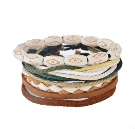 Adjustable leather punk wrap bracelet with wooden beads and multilayer design