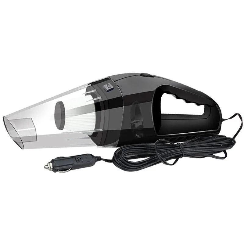 12V handheld car vacuum cleaner in orange, black, or blue with multiple nozzles and a long power cable.