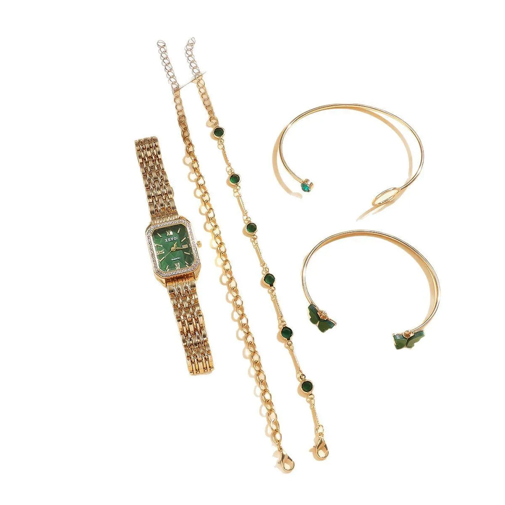 Gold green square steel women's watch with four matching alloy bracelets
